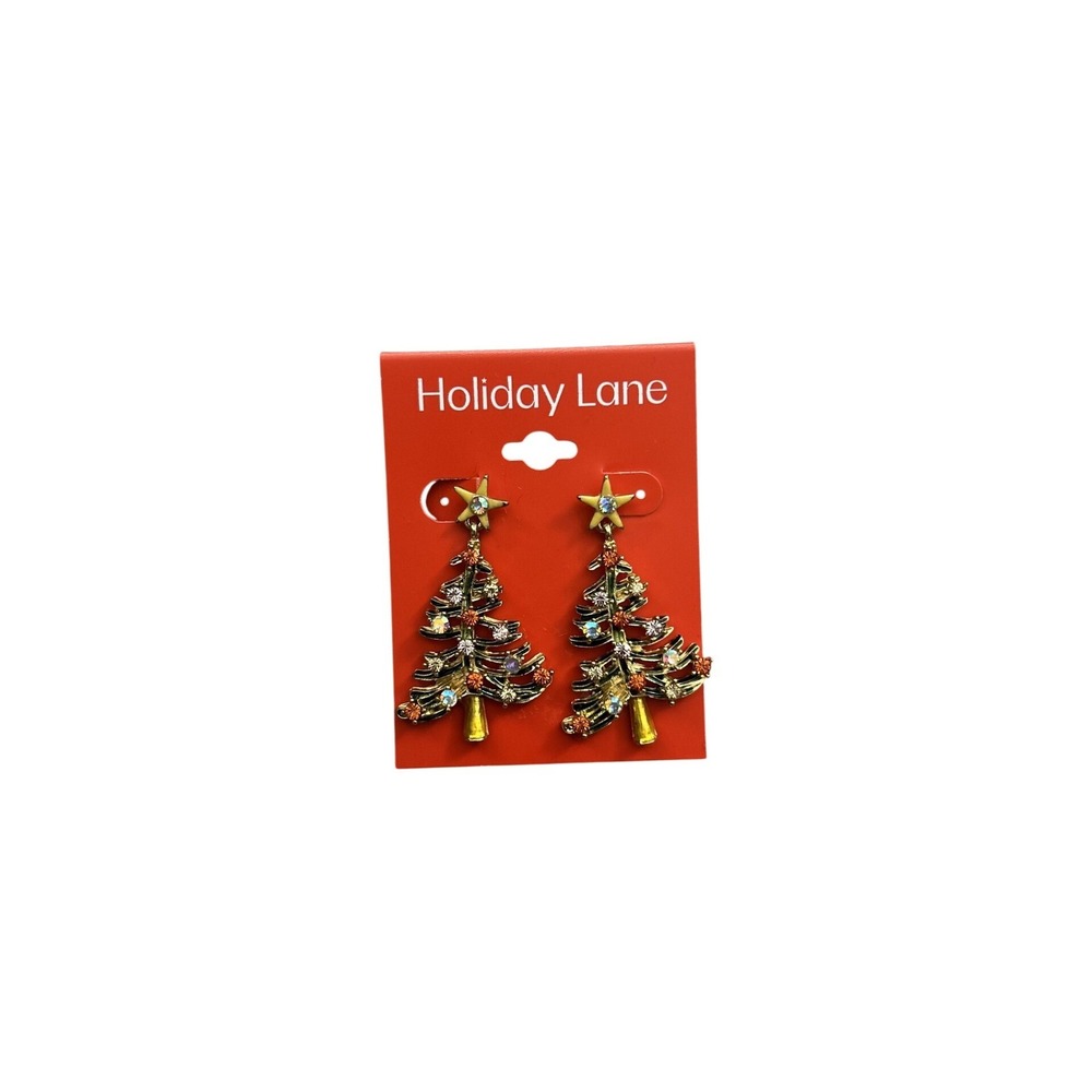Holiday Lane Christmas Tree Earrings Women‎ OS Gold Multi NWT Rhinestone Dangle